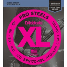 D'addario EPS170-5SL Xl Prosteels 5 Telli Bas Gitar Tel Seti - 45-130 Regular Light (Profesyonel) | Super Long Scale (Ekstra Uzun), Paslanmaz Çelik Yapı ve Yüksek Manyetik Çıkış