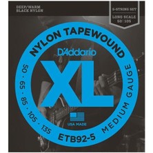 D'addario ETB92-5 Xl Nylon Tapewound 5 Telli Bas Gitar Tel Seti - 50-135 Medium (Profesyonel) | Siyah Naylon Sargı, Sıcak ve Perküsyif Ton, Pürüzsüz Yüzey ve Uzun Ömürlü Yapı