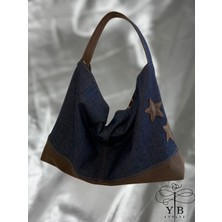 El Yapımı Yıldız Işlemeli Lacivert - Kahverengi Kot Çanta