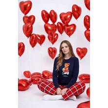 Koza İç Giyim Kadın Pamuklu Ayıcık Baskılı Ekose Desenli Pijama Takımı