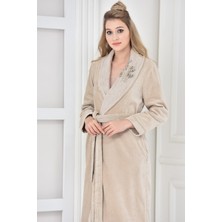 Ecocotton Masal Kadın Bornoz %100 Organik Pamuk El Nakışlı Bej