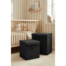 Prendi Home 2'li Büyük Boy Set Büyük Siyah Kutu ve Kapaklı Siyah Saklama Kutusu Organizer Seti