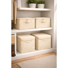 Prendi Home 4'lü Lüks Set 2 Adet Kapaklı Kutu ve 2 Adet  Destekli Krem Hurç Dolap Içi Düzenleyici