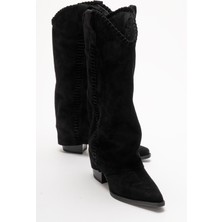 Luvi Velın Siyah Süet Hakiki Deri Dikişli Kadın Western Çizme