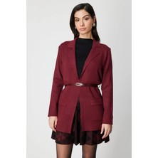 On Fashion Kadın Önü Açık Cepli Kemerli Bordo Hırka 69907