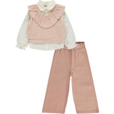 Lüks Kumru Tekstil Civil Girls V Yaka Süeter Pantolon 3 Lü 2-5 Yaş Takım - Pembe 2-3 Yaş