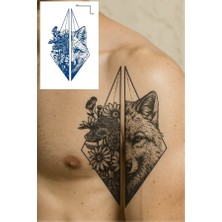 Geometrik Kurt ve Çiçek Figürlü Geçici Dövme - 12 Saat Sonra Kararan 11X18 cm Iki Parçalı Tattoo