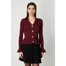 On Fashion Kadın Vatkalı Bele Oturan Bordo Hırka 69905