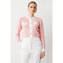 On Fashion Kadın Önü Gold Düğmeli Sıfır Yaka Pembe Hırka 53900