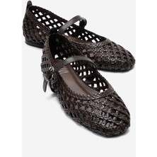 Luvi Doux Kahverengi Örgü Dokulu Bant Detaylı Kadın Babet Ayakkabı