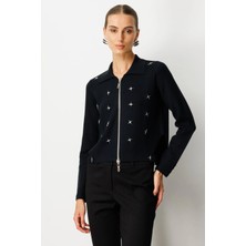 On Fashion Kadın Polo Yaka Zımbalı Fermuarlı Siyah Hırka 65905