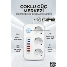 Hangora 2500W Çoklu Priz 2 Metre - 3 Lü Ac Priz +5 USB Çıkışı Akım Korumalı Alev Almayan Gövde,