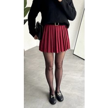 Asfa Moda Kadın Bordo Full Pileli Mini Arkası Şort Etek Yüksek Bel Günlük Kombin Etek