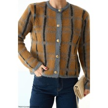 Butik Belvita Hardal Ekose Desenli Kadın Düğmeli Hırka