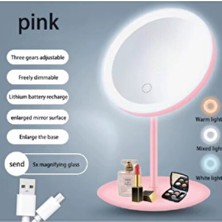 Flash Bazaar LED Işıklı USB Şarjlı Yuvarlak Masa Üstü Makyaj Aynası Makyaj Aynası Dokunmatik Pembe
