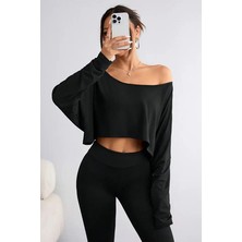 Cool Tarz Siyah Kadın Düşük Omuz Kayık Yaka Oversize Uzun Kollu Crop T-Shirt