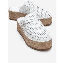 Luvi Louıs Beyaz Cilt Hakiki Deri Burnu Kapalı Hasır Dolgu Taban Terlik