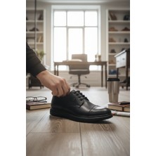 Enoch Deri Siyah Cap-Toe Bağcıklı ve Esnek Tabanlı Erkek Casual Ayakkabı