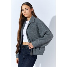 CGA Kadın Antrasit Hırka Yakalı Cep Detaylı Reglan Kol Triko Hırka - Antrasit