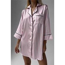 Coccolarsi Strisce Rosa Chiaro Bianco Saten Uzun Tunik Gecelik