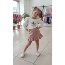 Kız Çocuk Kabarık Kollu Çiçek Nakışlı Bluz ve Deri Görünümlü Fırfırlı Etekli Takım