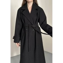 Vess Moda Kadın Kuşak ve Düğmeli Uzun Kaşe Kaban Siyah