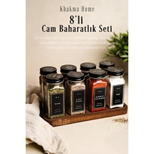 Khakma Ahşap Standlı 8'li Cam Baharatlık Seti | 120 ml | Siyah Kapak ve Siyah Etiketli | Minimal Tasarım
