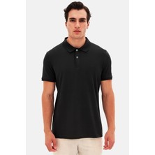 Regular Fit Siyah Pike Dokulu %100 Pamuk Kıvrılmaz Polo Yaka Nakışlı T-shirt 4HC14ORT51000