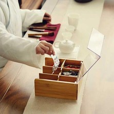 Aesco Akrilik Şeffaf Kapaklı Bambu 6 Bölmeli Çay Kutusu -%100 Orjinal Bambu Şeffaf Kapak (22CM*22CM*10CM)