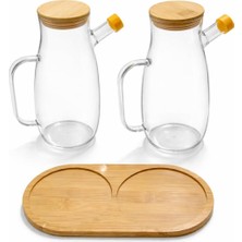 Aesco Bambu Kapaklı Cam Yağdanlık Seti 2’li, 900 ml Ölçü Göstergeli Dayanıklı Şeffaf Cam Yağdanlık, Kaymaz Özel Yuvalı Doğal Bambu Tepsi.