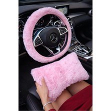 Arabasına Aşıklar Kulübü Pembe Peluş Direksiyon Seti 1 Adet Yastık ve 1 Adet Direksiyon