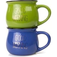 Aesco 2'li Görünümlü Renkli Porselen Kupa Seti Good Morning Yazılı 250 Ml,mavi & Yeşil