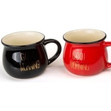 Aesco 2'li Görünümlü Renkli Porselen Kupa Seti Good Morning Yazılı 250 Ml,siyah & Kırmızı