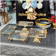 SEÇKİNEV Lovely 5 Parça Metal Ayaklı Sunum Tabağı Set Cam Oval Altın Desenli 26 cm