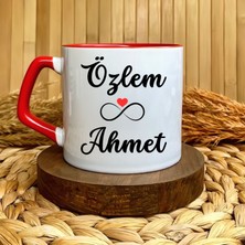 Loren Gift Sonsuzluk ve Kalp Temalı Kırmızı Kulp Lüks Porselen Kupa | Çiftlere Özel Hediyelik Bardak