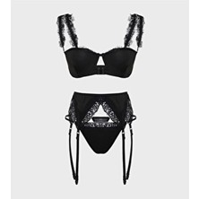 Laperissa Siyah Micro Dantel Detaylı Jartiyerli Kapsız Örme Iç Çamaşırı Takımı