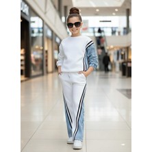 Kız Çocuk Krem Renk Kot Şeritli Pantolon ve Sweat 2’li Takım