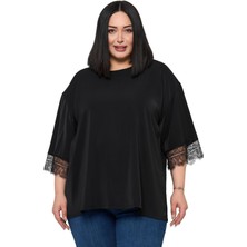 Disentis Modest Büyük Beden Dantel Detaylı Yarım Kol Siyah Bluz