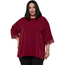 Disentis Modest Büyük Beden Dantel Detaylı Yarım Kol Bordo Bluz