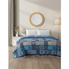 Nikar Home %100 Pamuk Müslin Çift Kişilik Yatak Örtüsü - 220X240 cm - Mavi Patchwork Desen
