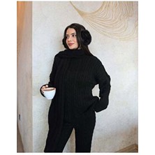 Askı Nişantaşı Siyah Atkılı Saç Örgülü Triko Pantolon Takım
