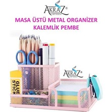 Akraz Art Design Masa Üstü Metal Kalemlik Üç Gözlü (Masa Seti) Pembe