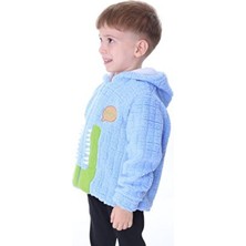 Aden Kids 1-5 Yaş Mavi Peluş Krokodil Desenli Çocuk Hırka - Kareli, Fermuarlı ve Iç Astarlı