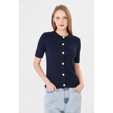 Irmak Kerekli Kadın Bisiklet Yaka Saç Örgü Kısa Kollu Triko Hırka  121824 Lacivert