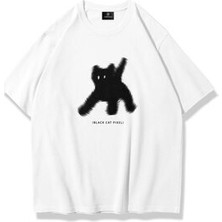 Trendiz Unisex Black Cat Pixel Tshirt Beyaz