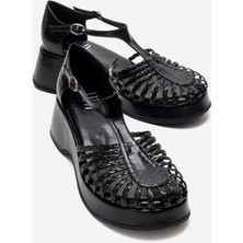 Luvi Barry Siyah Örgü Detaylı Kadın Dolgu Topuklu Sandalet