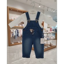 Kidzes Erkek %100 Pamuk Gömlekli Ayıcık Armalı Kot Salopet Takım