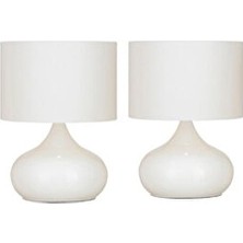 White West inn House 2 Adet Beyaz Elips Masa Komidin Vitrin Abajur Beyaz Kumaş Başlık Beyaz Metal Ayak