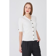 Irmak Kerekli Kadın Apoletli Düğmeli  Kısakollu Fitilli Triko Hırka 121417 Ekru