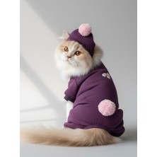 Kemique Purple Ponpon Pony Kedi Tulumu & Bere Takımı | Şardonlu Polar Kumaş | Tüy Dökülmesini Azaltır